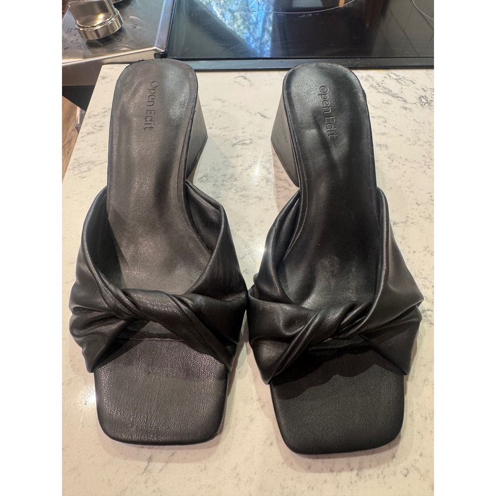 Open Edit Edcora Black Twisted Knot Square Toe Block Heel Sandals Mules 7M